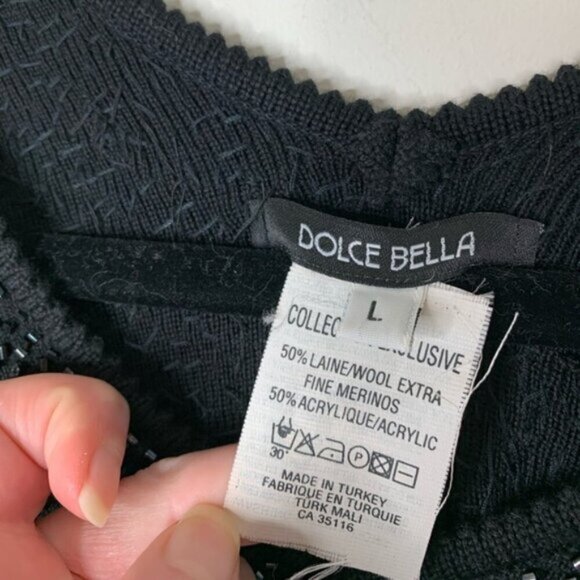 Vintage 90s Dolce Bella Wool Sequin Embroidery Sweater Black Scalloped Hem L - Picture 8 of 11